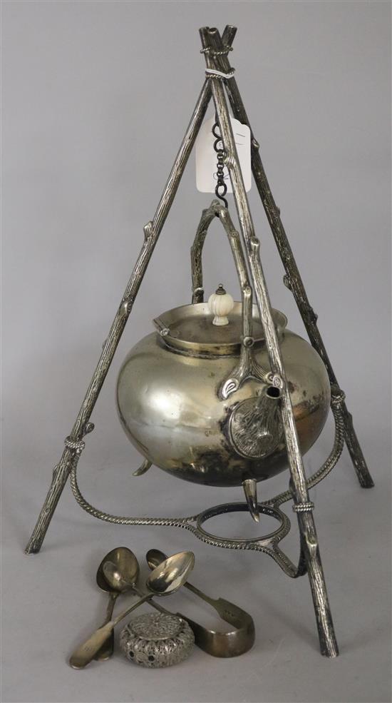 Plated kettle on stand and mixed small silver